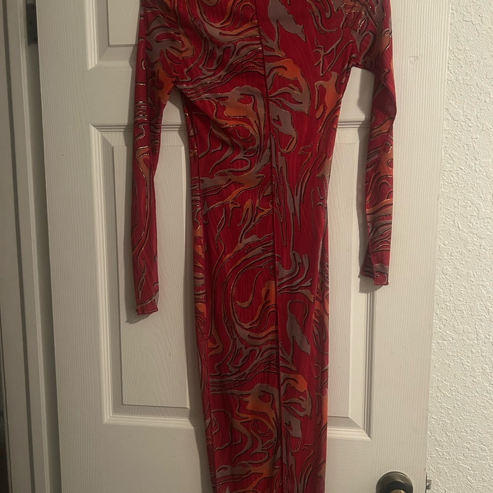 Elegant Red and Orange mesh Swirl Dress